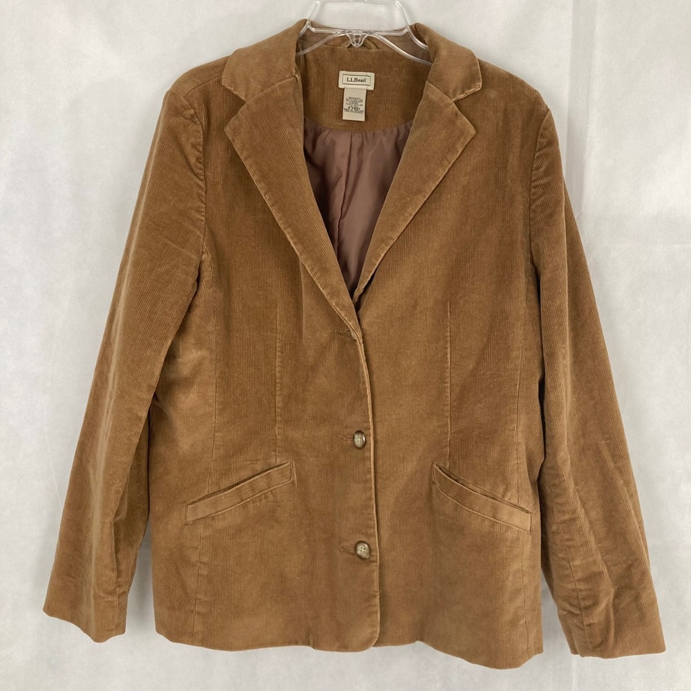 LL Bean Womens Tan Brown Corduroy Blazer Jacket Size 14 Reg Cotton Spandex